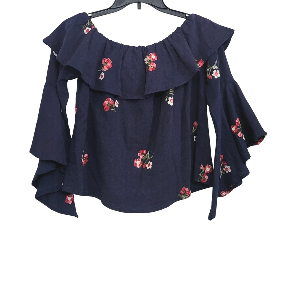 Event Women Navy Pink Embroidered Off the Shoulder Ruffle Bell Sleeve Top Medium